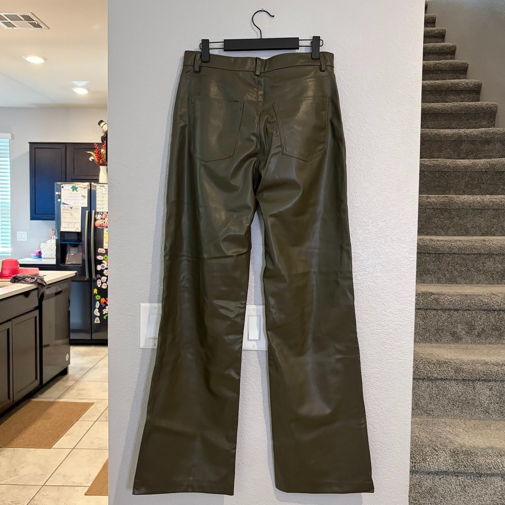 NEW Zara Olive Green Faux Leather Straight Leg High Rise Pants MEDIUM - Picture 6 of 6
